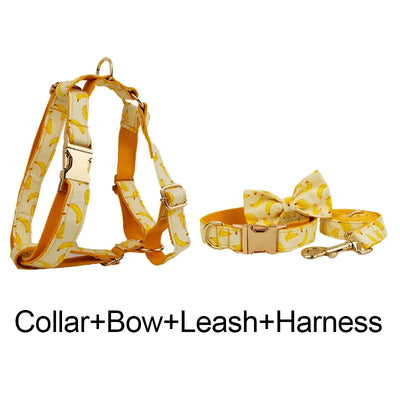 Hot Selling Custom Design Logo Sublimation Soft Cotton Banana Printing Pet Accessories Dog Collar Leashes Harness Bow Fruit 02