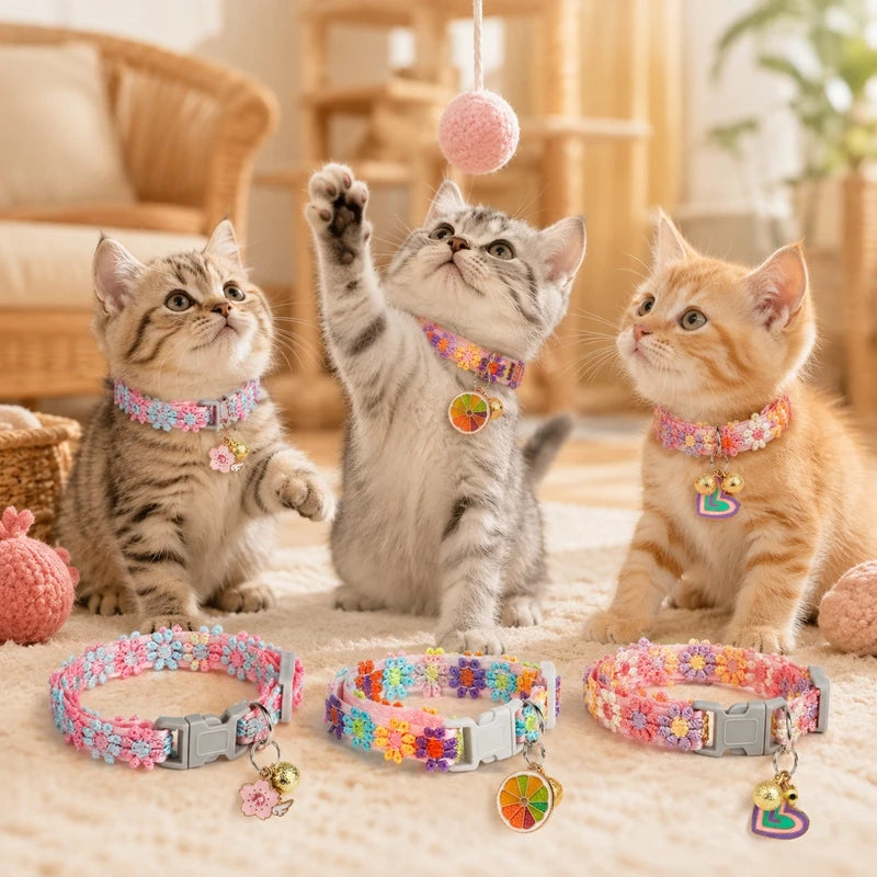 Lovely Cat Collar With Bell Colorful Knitted Flower Pet Collar Dog Puppy Kitten Necklace Adjustable Buckle Pet Cat Accessories