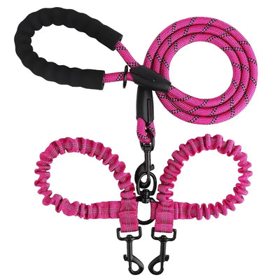 New Double Head Pet Towing Rope One Drag Two Night Reflection Anti Winding Elastic Nylon Walking Dog Rope Supplies Accessories