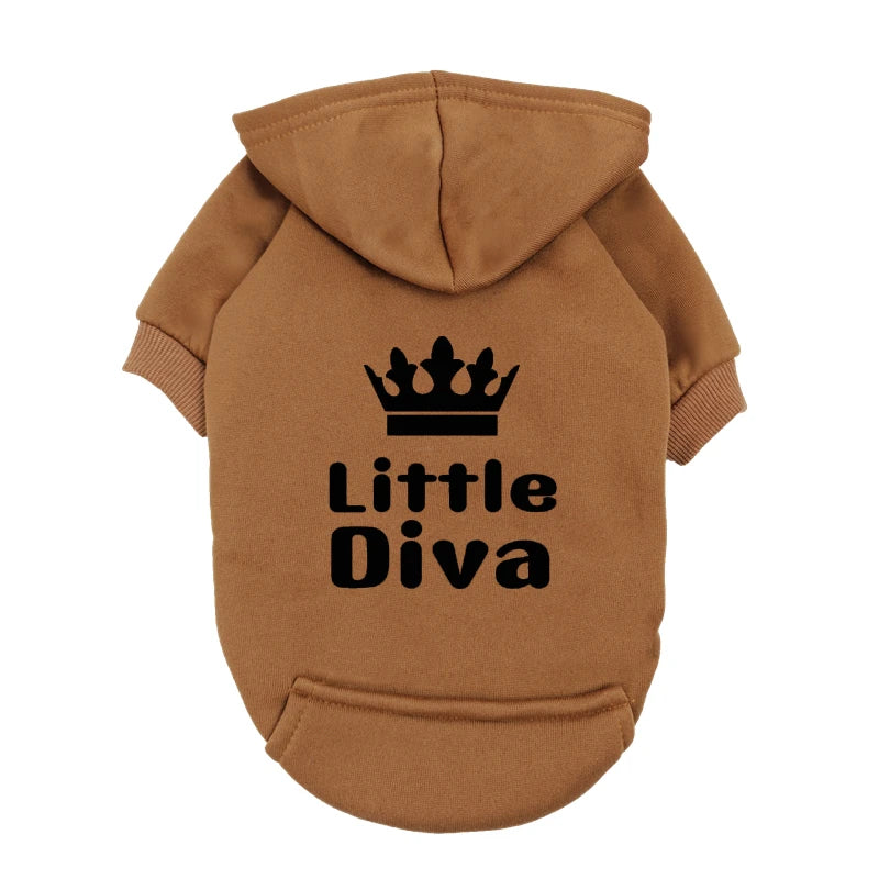 Pet Hoodie Pink "Little Diva" - Fleece-Lined Dog Sweatshirt with Crown - Warm Puppy Clothes for Small Breeds - Winter Apparel