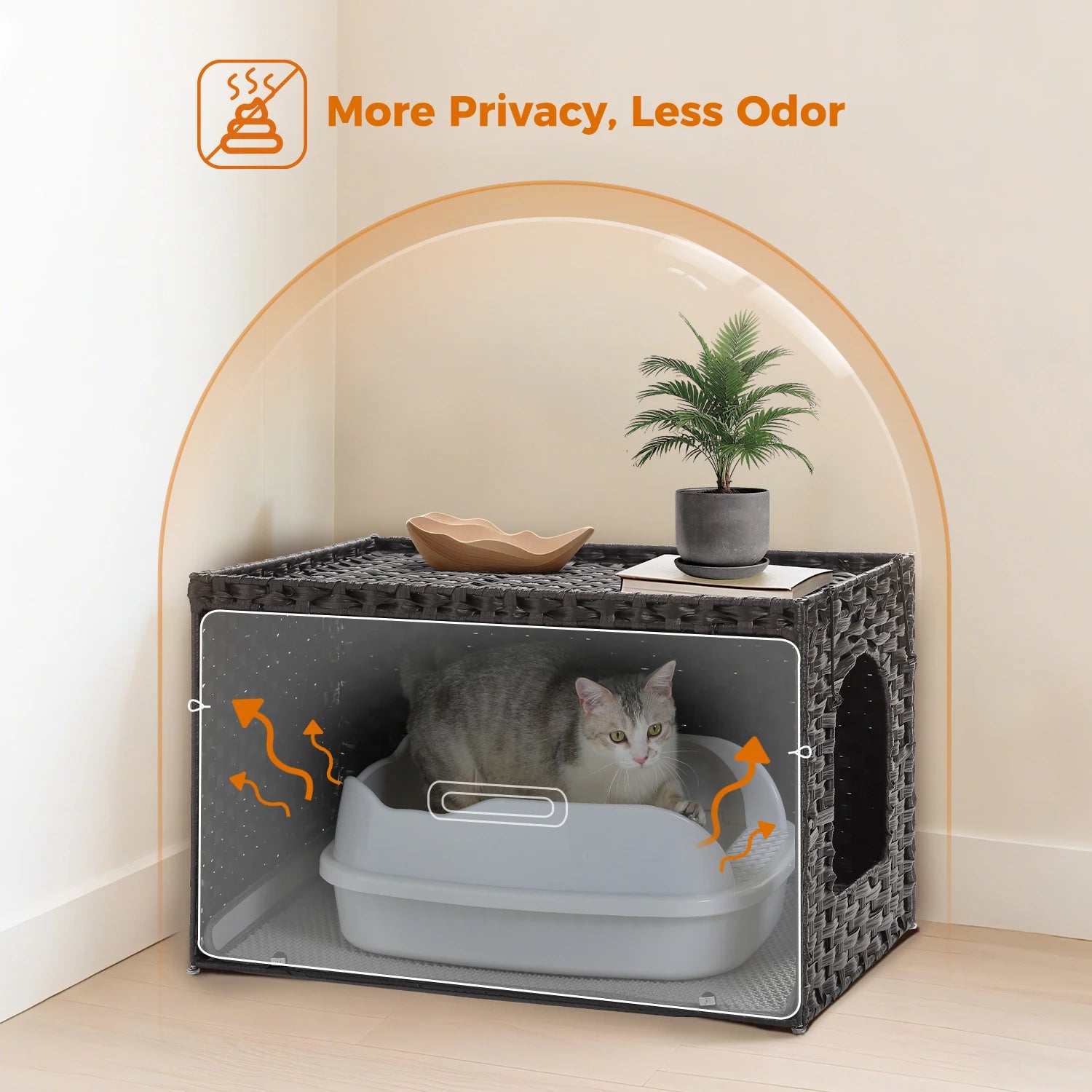 Rattan Cat Litter Box Enclosure with Taller Doorway and Flip-Up Design-More Space Raised Edge Mat-Cat House Cabinet Furniture