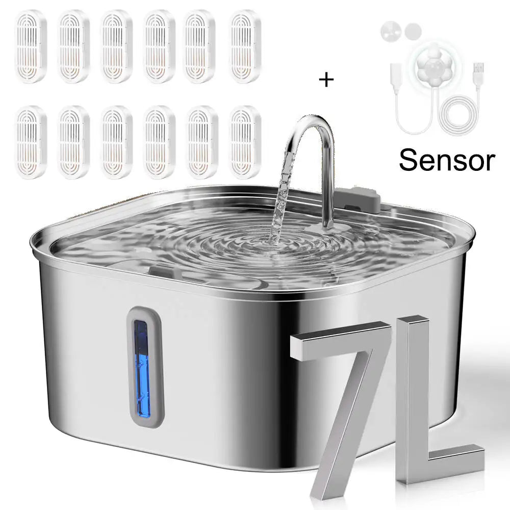 7L Stainless Steel Pet Water Dispenser Automatic Water Fountain USB Silent Water Pump Water Dispenser+Filter Set for Cats