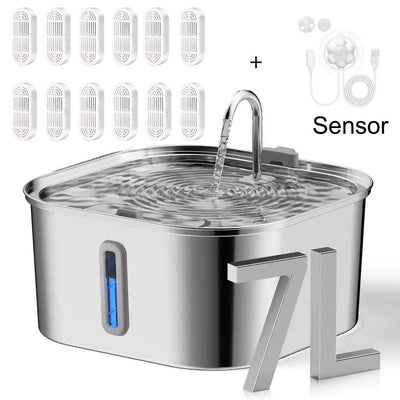 7L Stainless Steel Pet Water Dispenser Automatic Water Fountain USB Silent Water Pump Water Dispenser+Filter Set for Cats
