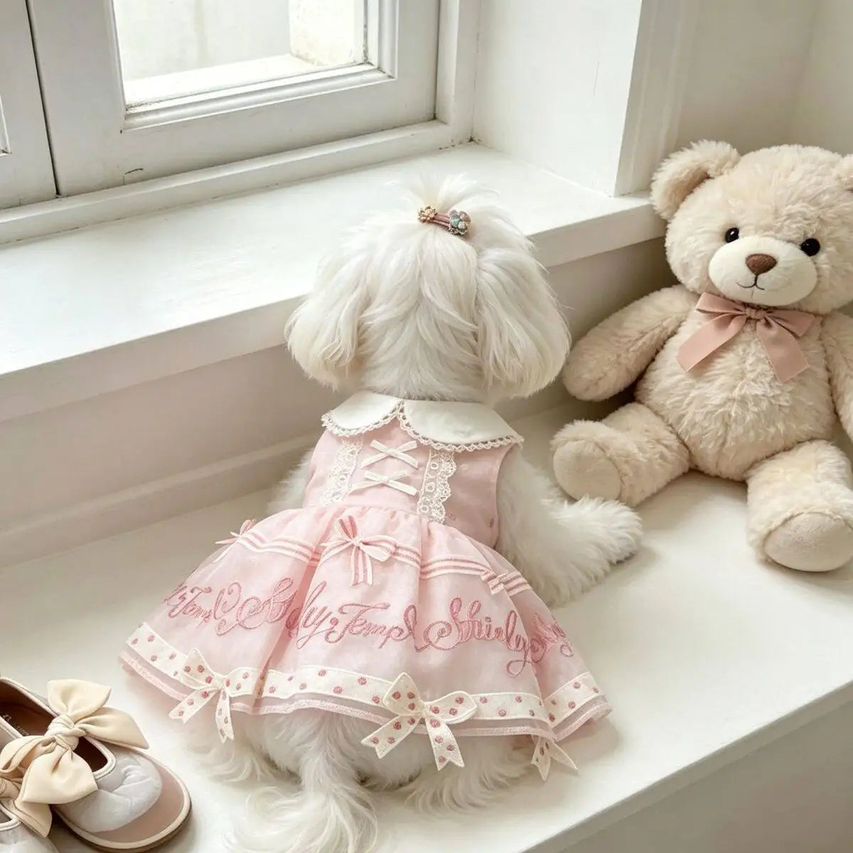 Pet Dog Cats Clothes Korean Pink Print Bow Cute Princess Dresses for Small Medium Dog 2026 Summer Puppy Home Wear Skirt Clothing PawPrint Treasures