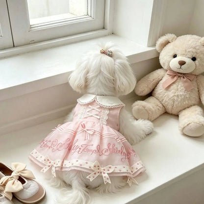 Pet Dog Cats Clothes Korean Pink Print Bow Cute Princess Dresses for Small Medium Dog 2026 Summer Puppy Home Wear Skirt Clothing PawPrint Treasures