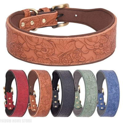 Wide Padded Embossing Leather Dog Collar NoPull Comfortable Puppy Collar Outdoor Pet Accessories