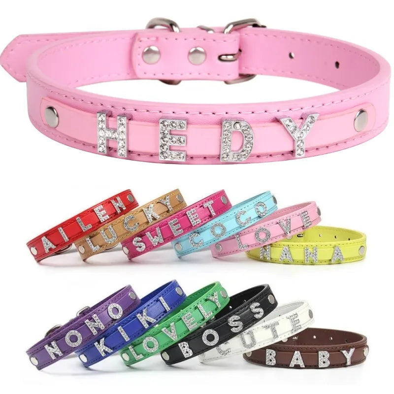 Personalized Dog Collar Fashion Bling Rhinestone Pet Free Diy Name Dog Necklace Custome Leather Dog Collars Pet Dog Accessories