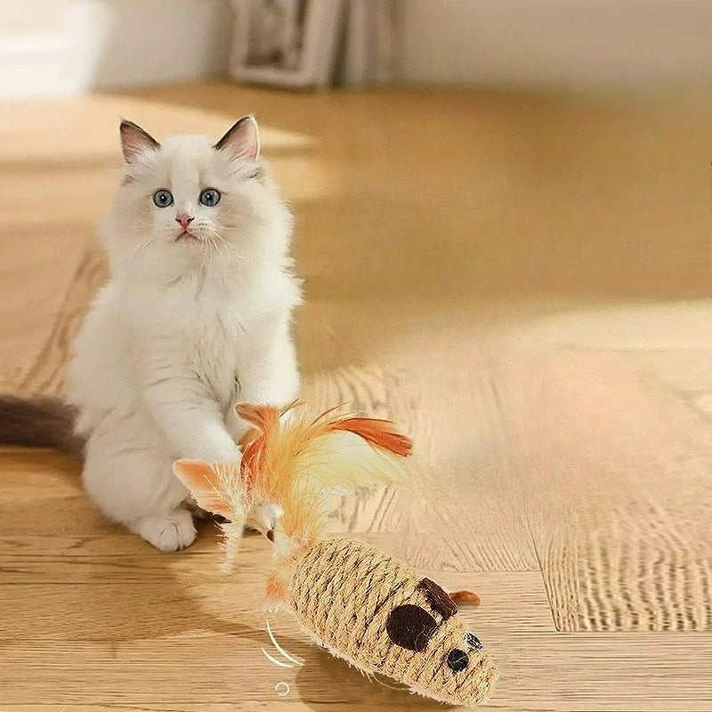 Cat Toy Mouse with Crinkle Sound Rope Feather Fun Interactive Play Kitten Teaser