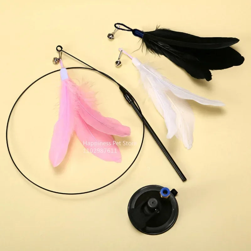 Suction Cup Cat Teasing Stick Cat Toy Interactive Feather Toy Cat Rod Steel Wire Suction Cup Feather Cat Toy Bell Cat Teasing Bi