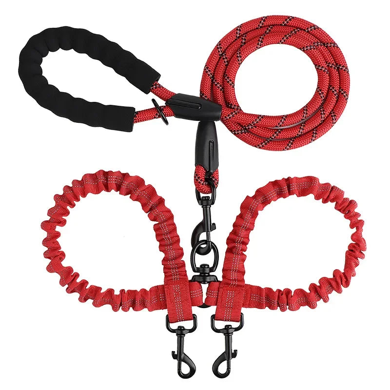 New Double Head Pet Towing Rope One Drag Two Night Reflection Anti Winding Elastic Nylon Walking Dog Rope Supplies Accessories