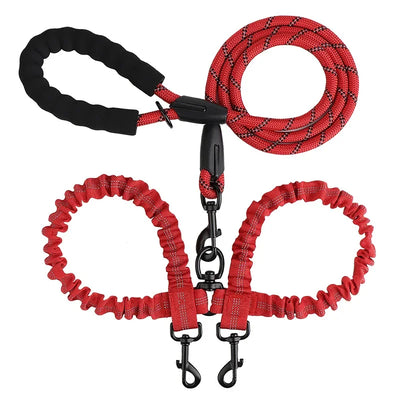 New Double Head Pet Towing Rope One Drag Two Night Reflection Anti Winding Elastic Nylon Walking Dog Rope Supplies Accessories