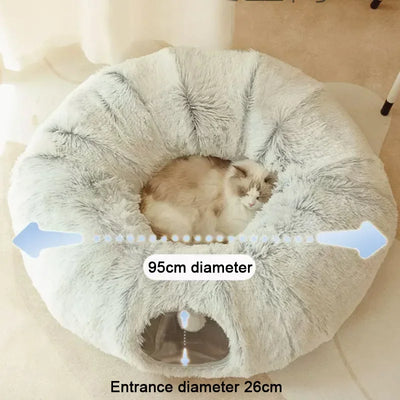 2 In 1 Round Cat Beds House Funny Cat Tunnel Toy Soft Long Plush Dog Bed For Small Dogs Basket Kittens Bed Mat Kennel Winter