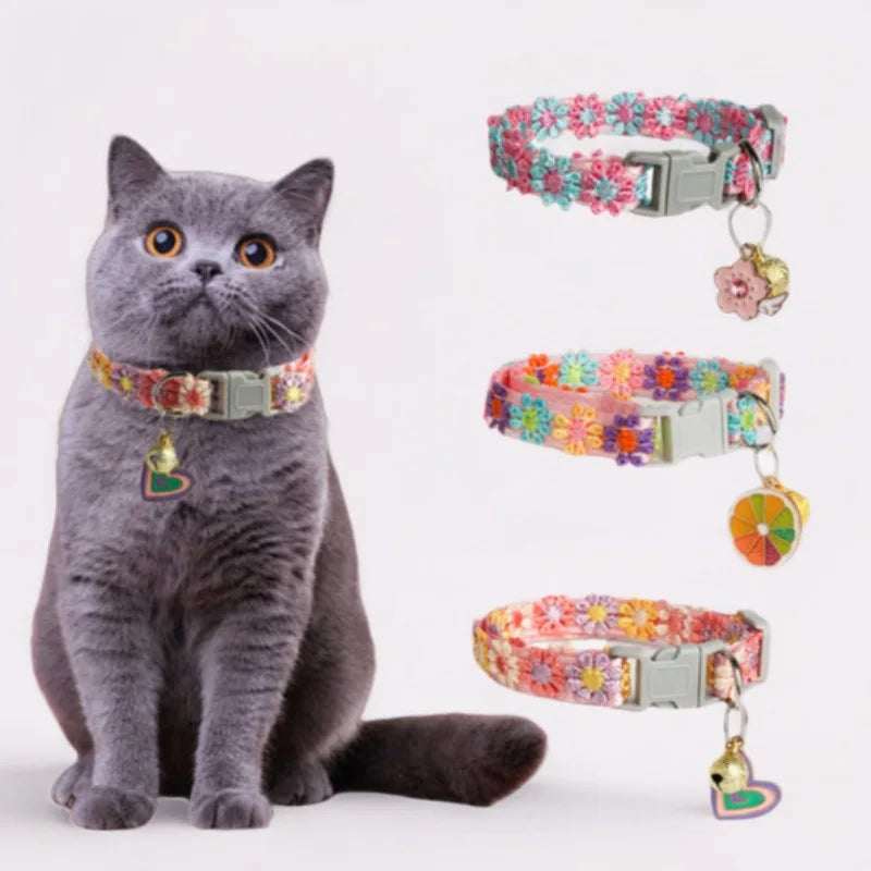 Lovely Cat Collar With Bell Colorful Knitted Flower Pet Collar Dog Puppy Kitten Necklace Adjustable Buckle Pet Cat Accessories