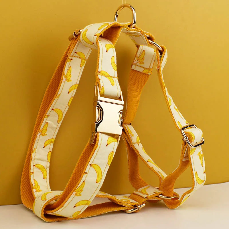 Hot Selling Custom Design Logo Sublimation Soft Cotton Banana Printing Pet Accessories Dog Collar Leashes Harness Bow Fruit 02