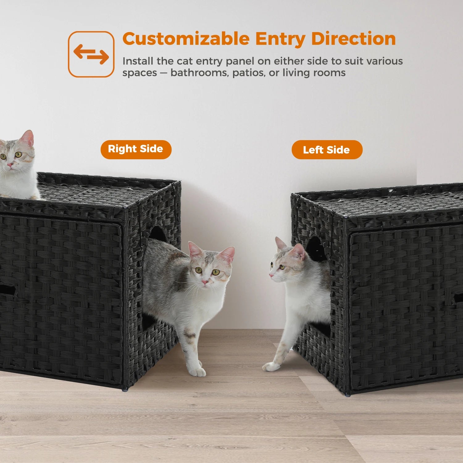 Rattan Cat Litter Box Enclosure with Taller Doorway and Flip-Up Design-More Space Raised Edge Mat-Cat House Cabinet Furniture