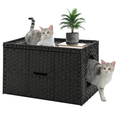 Rattan Cat Litter Box Enclosure with Taller Doorway and Flip-Up Design-More Space Raised Edge Mat-Cat House Cabinet Furniture