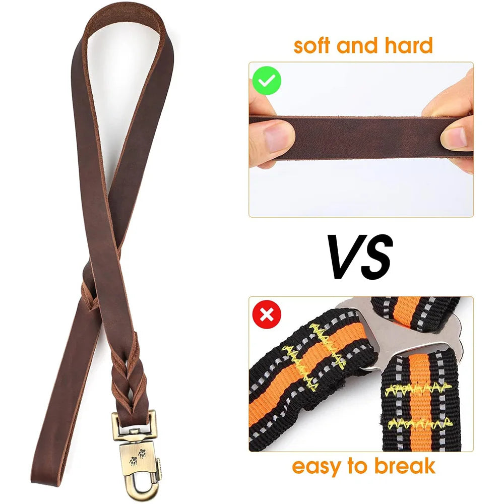 Genuine Leather Dog Leash 3/4/5 ft x 1 inch Soft and Strong Leather Leash for Large and Medium Dog Heavy Duty Dog Training Leash