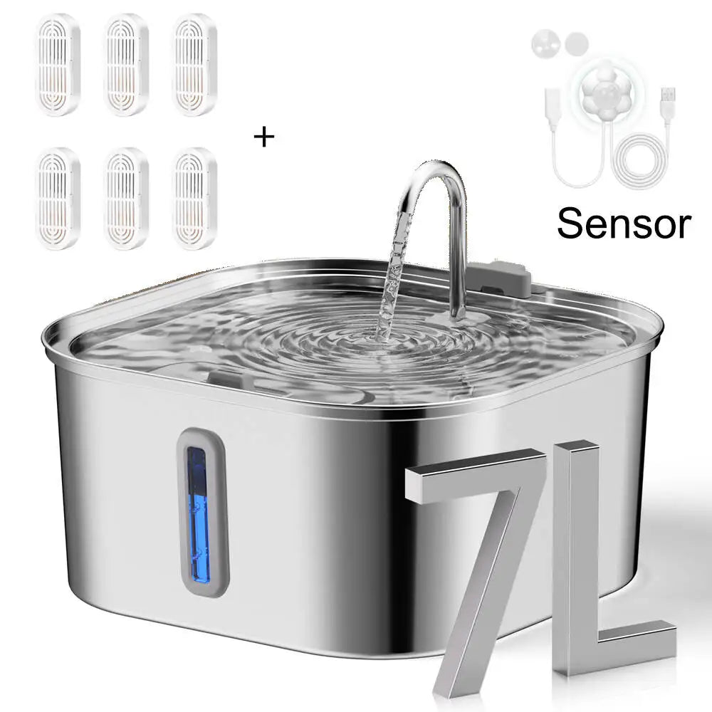 7L Stainless Steel Pet Water Dispenser Automatic Water Fountain USB Silent Water Pump Water Dispenser+Filter Set for Cats