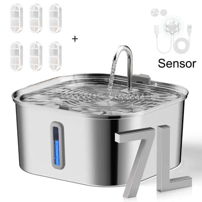 7L Stainless Steel Pet Water Dispenser Automatic Water Fountain USB Silent Water Pump Water Dispenser+Filter Set for Cats