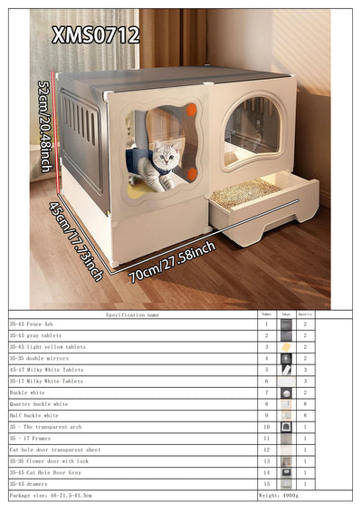 Cat Cage with Litter Box, Indoor Household Kitten Villa House, Rabbit Cage, Puppy Cage, Empty Cage with Integrated Toilet, Cat Cabinet