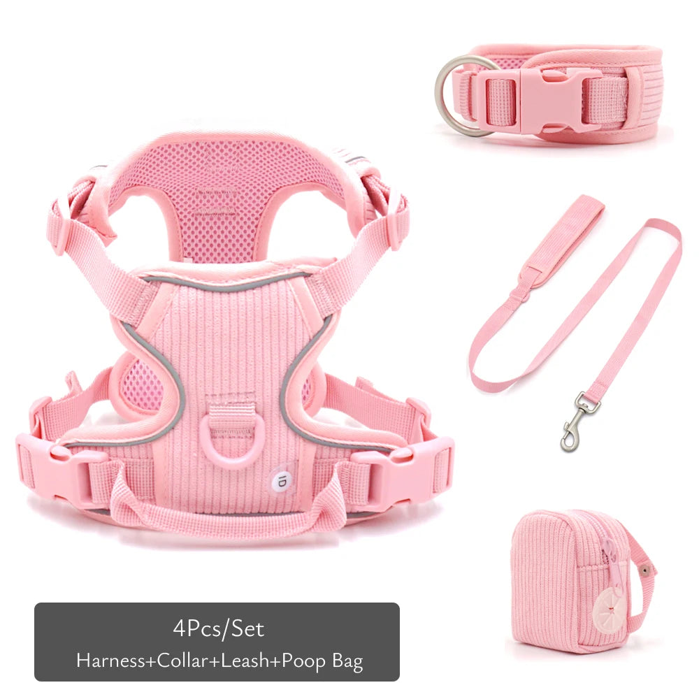 Personalized Dog Harness Set Luxury Designer Custom Dog Collar Leash Poop Bag with Walking Bag Reflective No Pull Harness Vest