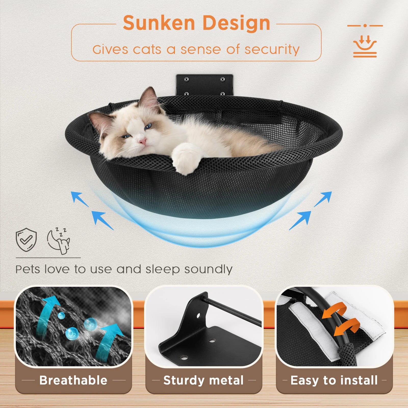 Cat Hammock Bed Wall Mounted Foldable Stable 42cm Cat Beds Breathable Cats Wall Shelf for Sleeping Playing Climbing Accessories