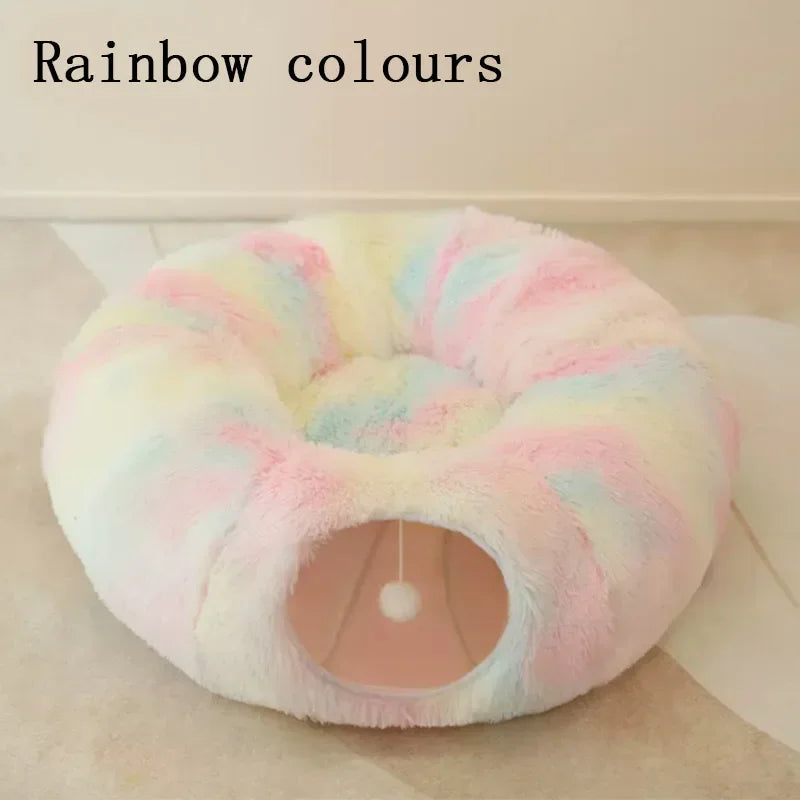 2 In 1 Round Cat Beds House Funny Cat Tunnel Toy Soft Long Plush Dog Bed For Small Dogs Basket Kittens Bed Mat Kennel Winter