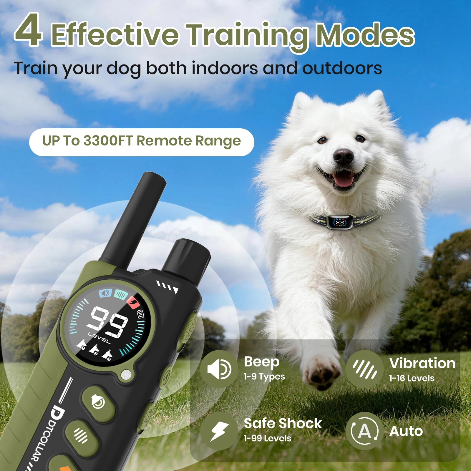 Electric Dog Training Collar 1Km Range With Remote Control Rechargeable Shock/Vibration/Sound Auto Modes Waterproof for Dog Size