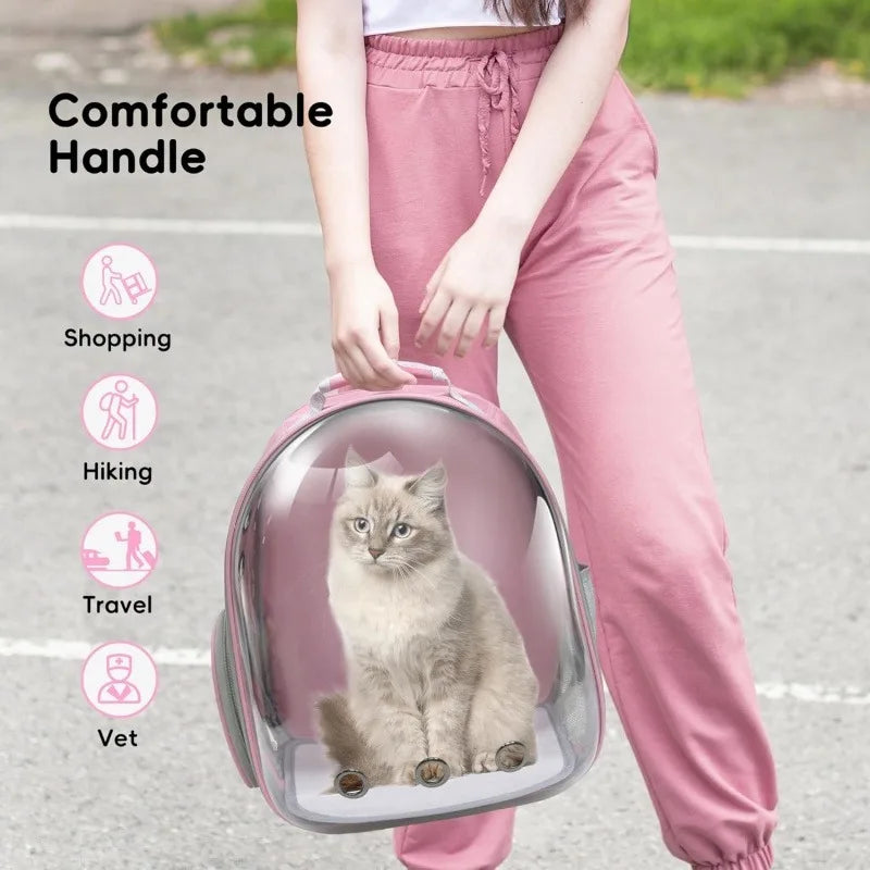 This pink expandable cat backpack can hold up to 20 pounds (approximately 9.1 kg) and is suitable for all types of cats and dogs