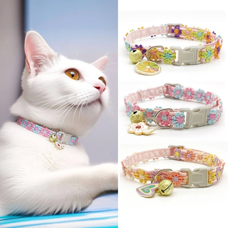 Lovely Cat Collar With Bell Colorful Knitted Flower Pet Collar Dog Puppy Kitten Necklace Adjustable Buckle Pet Cat Accessories
