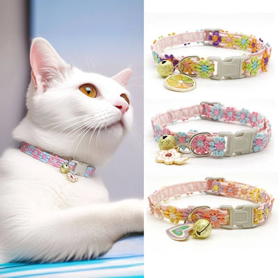 Lovely Cat Collar With Bell Colorful Knitted Flower Pet Collar Dog Puppy Kitten Necklace Adjustable Buckle Pet Cat Accessories