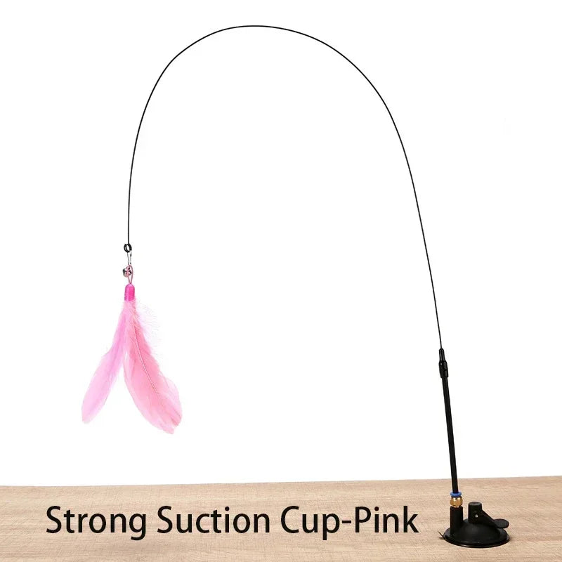 Suction Cup Cat Teasing Stick Cat Toy Interactive Feather Toy Cat Rod Steel Wire Suction Cup Feather Cat Toy Bell Cat Teasing Bi