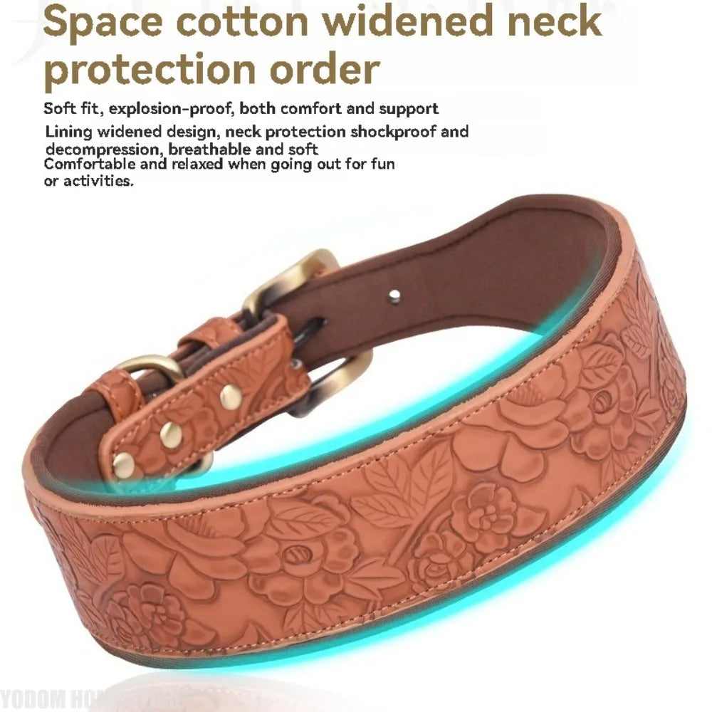 Wide Padded Embossing Leather Dog Collar NoPull Comfortable Puppy Collar Outdoor Pet Accessories