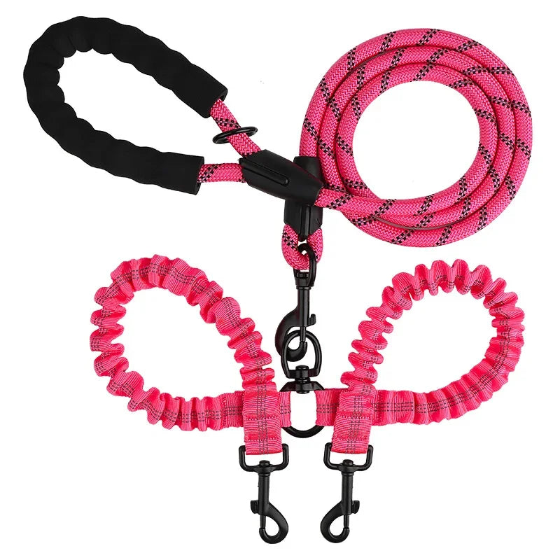 New Double Head Pet Towing Rope One Drag Two Night Reflection Anti Winding Elastic Nylon Walking Dog Rope Supplies Accessories