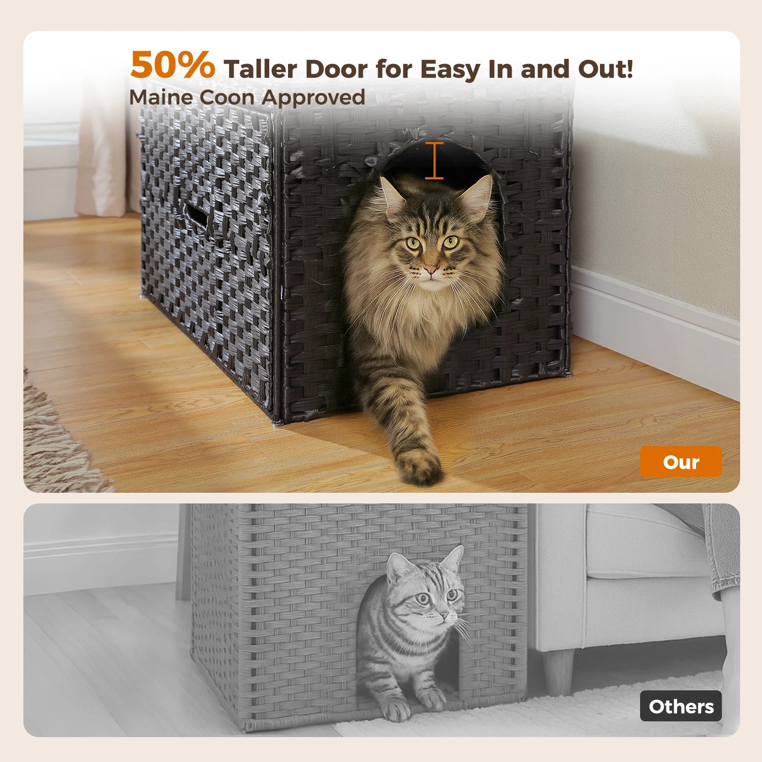 Rattan Cat Litter Box Enclosure with Taller Doorway and Flip-Up Design-More Space Raised Edge Mat-Cat House Cabinet Furniture