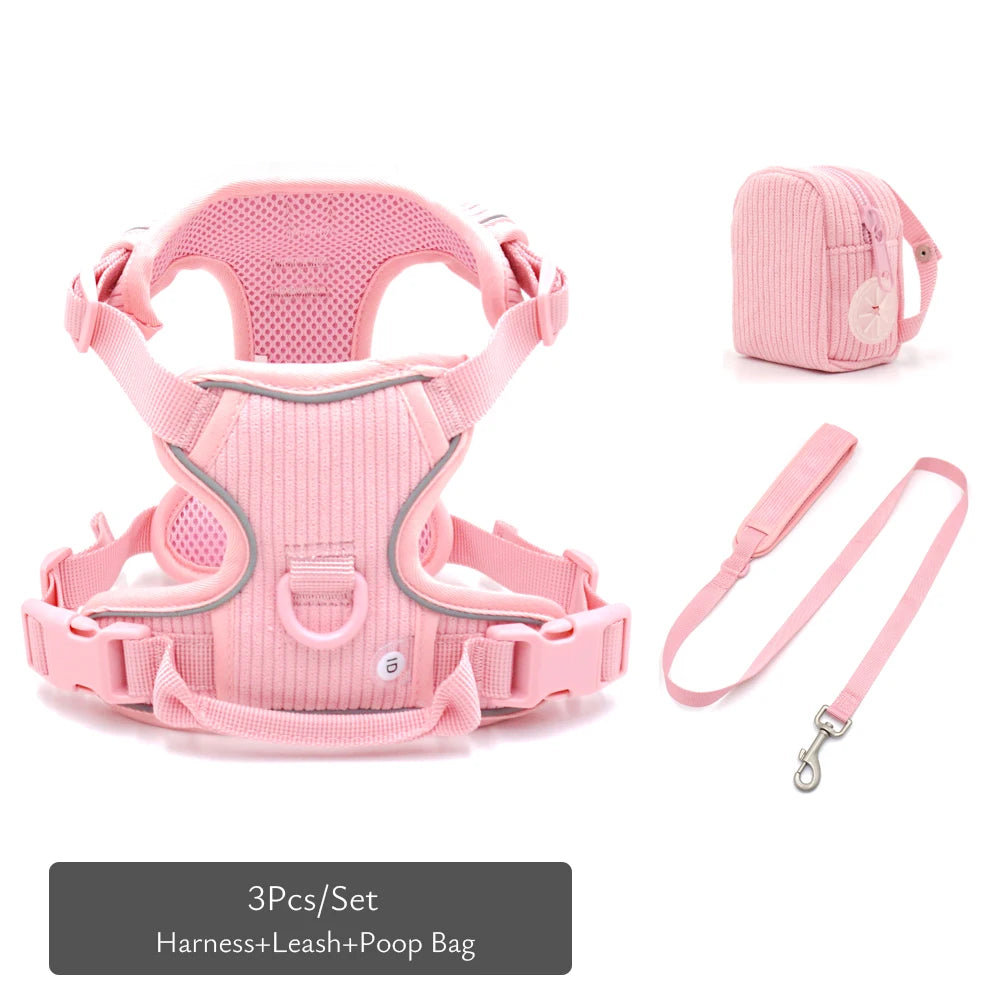 Personalized Dog Harness Set Luxury Designer Custom Dog Collar Leash Poop Bag with Walking Bag Reflective No Pull Harness Vest