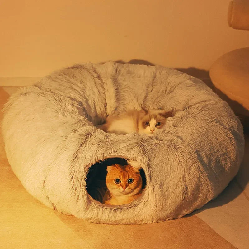 2 In 1 Round Cat Beds House Funny Cat Tunnel Toy Soft Long Plush Dog Bed For Small Dogs Basket Kittens Bed Mat Kennel Winter