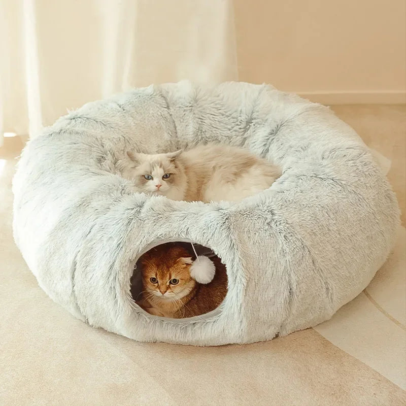 2 In 1 Round Cat Beds House Funny Cat Tunnel Toy Soft Long Plush Dog Bed For Small Dogs Basket Kittens Bed Mat Kennel Winter