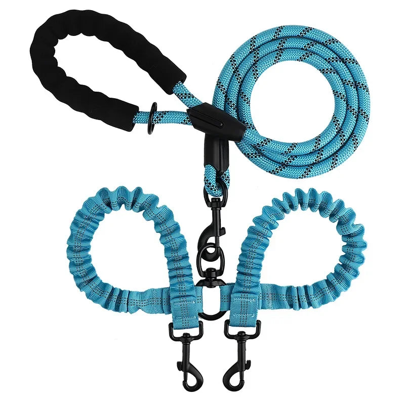 New Double Head Pet Towing Rope One Drag Two Night Reflection Anti Winding Elastic Nylon Walking Dog Rope Supplies Accessories