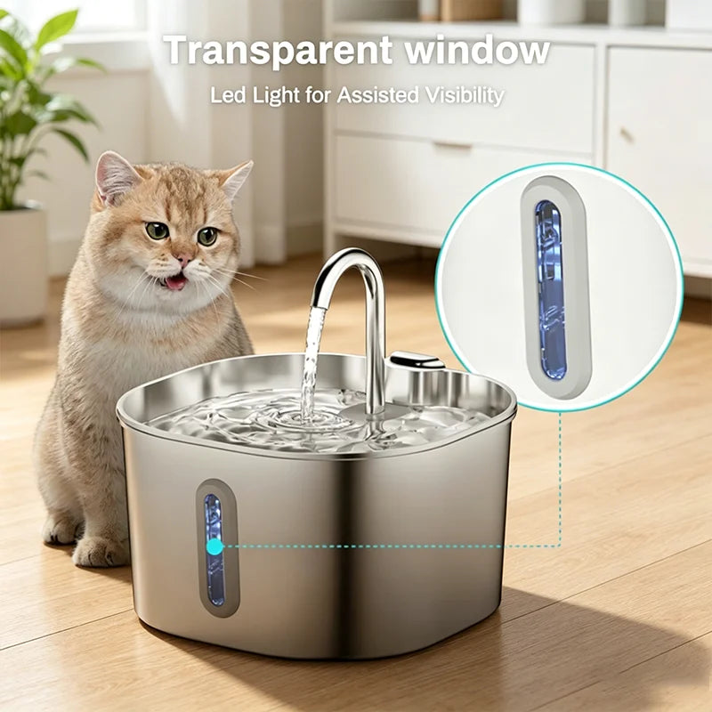 2.2L Stainless Steel Cat Water Dispenser, Pet Drinking Fountain with Filter, Ultra Quiet Water Pump for Dogs & Cats Supplies
