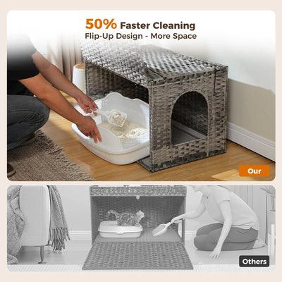 Rattan Cat Litter Box Enclosure with Taller Doorway and Flip-Up Design-More Space Raised Edge Mat-Cat House Cabinet Furniture
