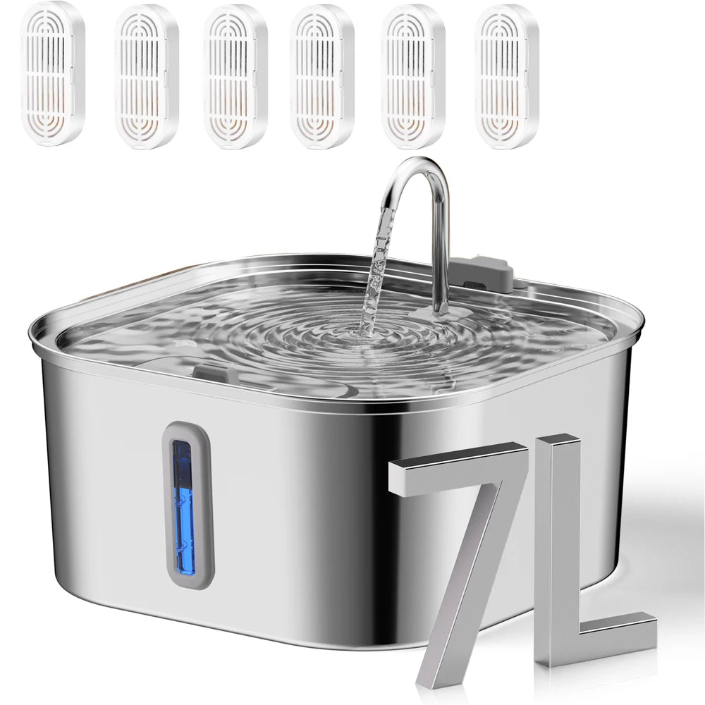 7L Stainless Steel Pet Water Dispenser Automatic Water Fountain USB Silent Water Pump Water Dispenser+Filter Set for Cats