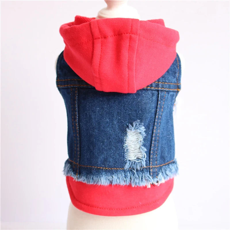 Pet Clothes Dog Jeans Jacket Layered Drawstring Hood Denim Jacket False Two Coat Clothing for Small Medium Dogs Cats Red/Black PawPrint Treasures