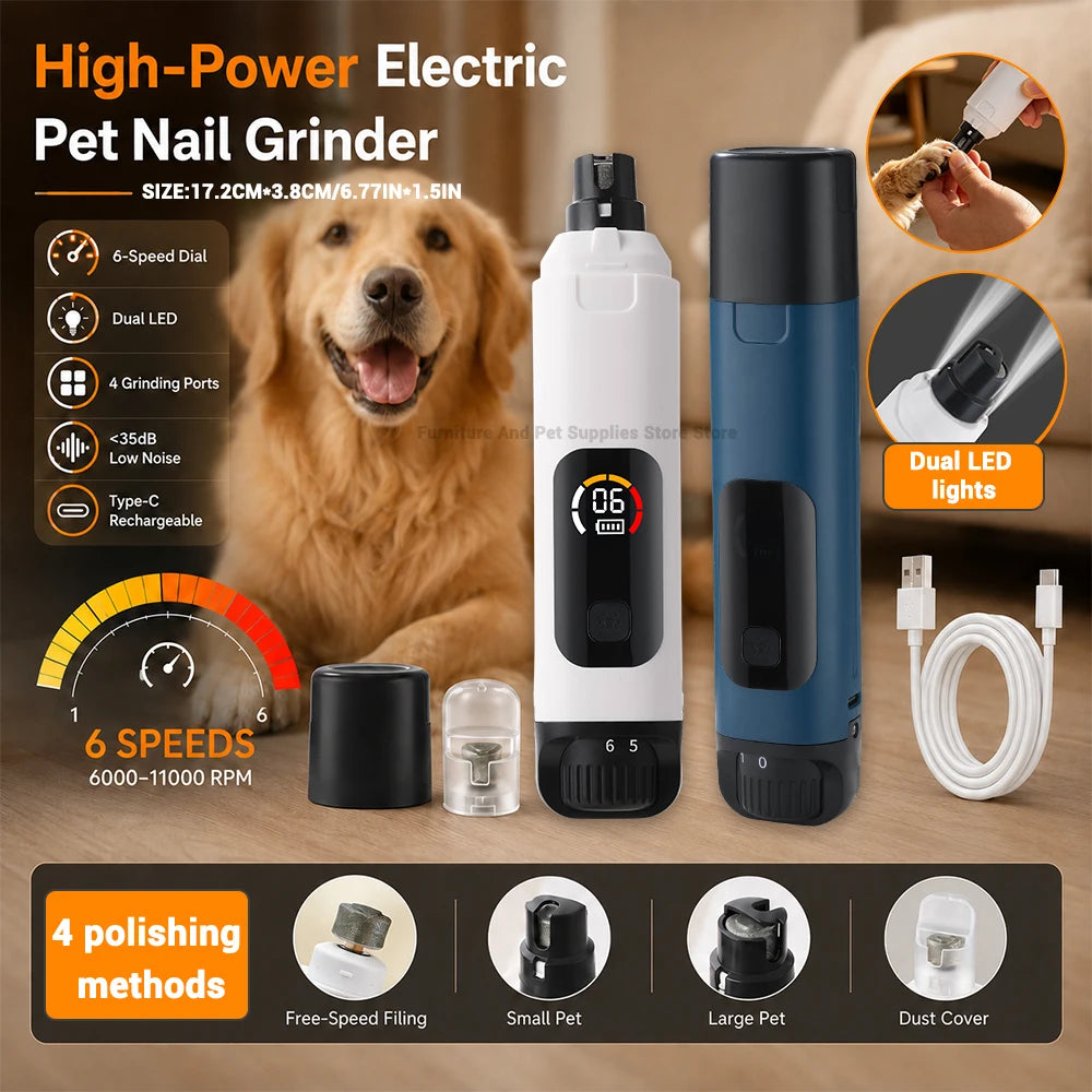Pet Electric Nail Grinder Rechargeable Dog Paw Grooming Nail Clipper LED Light 6 Speeds Adjustable Cat Claw Nail Grinder