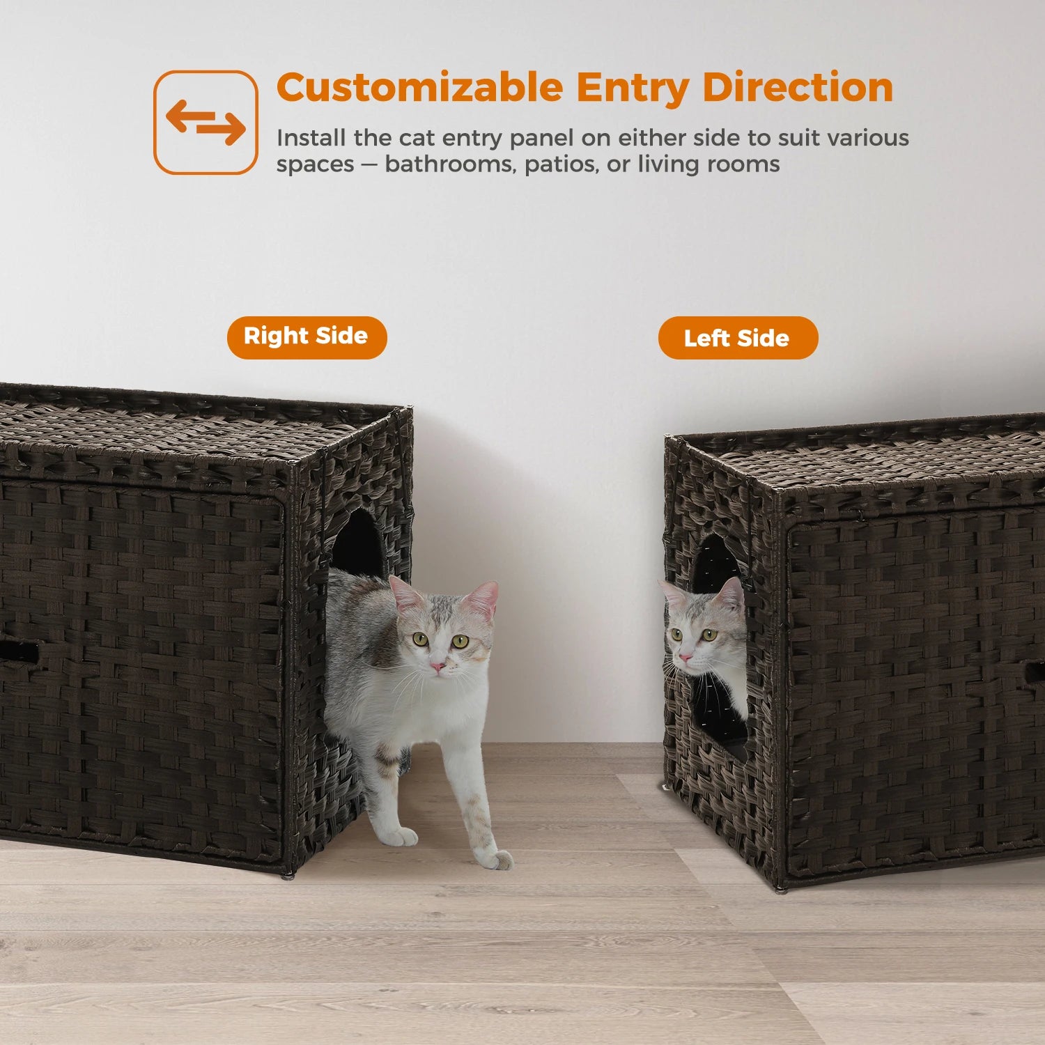 Rattan Cat Litter Box Enclosure with Taller Doorway and Flip-Up Design-More Space Raised Edge Mat-Cat House Cabinet Furniture