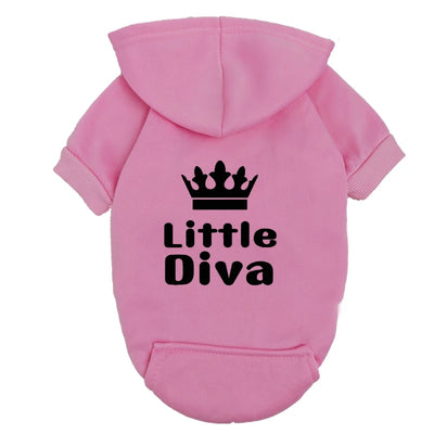 Pet Hoodie Pink "Little Diva" - Fleece-Lined Dog Sweatshirt with Crown - Warm Puppy Clothes for Small Breeds - Winter Apparel