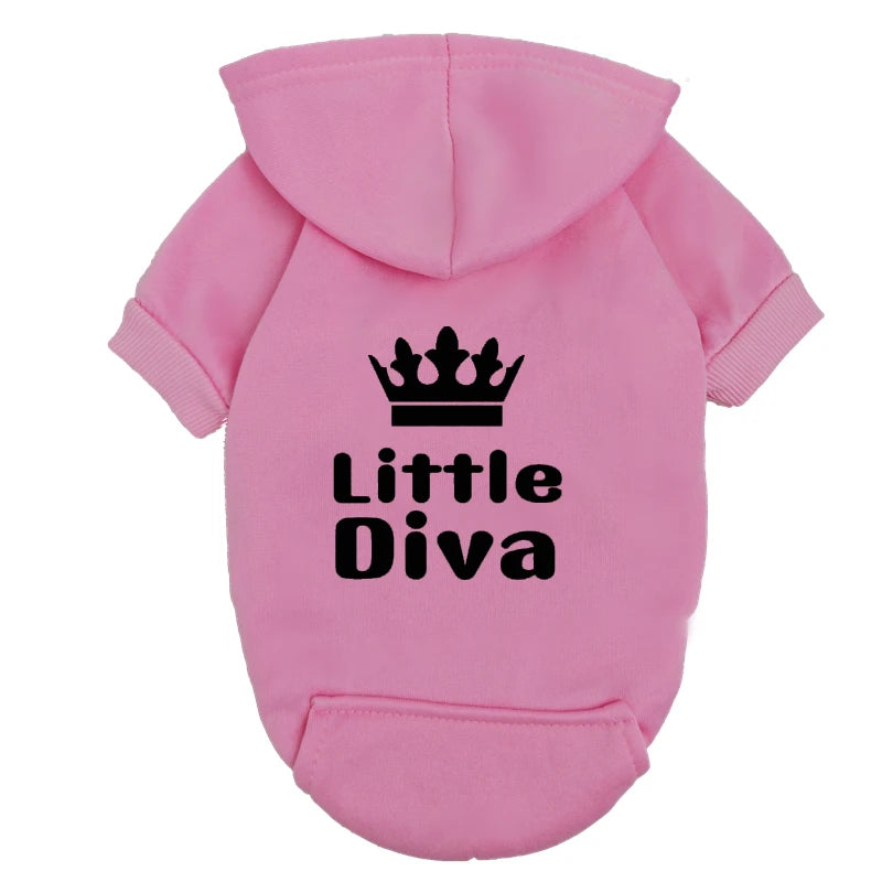 Pet Hoodie Pink "Little Diva" - Fleece-Lined Dog Sweatshirt with Crown - Warm Puppy Clothes for Small Breeds - Winter Apparel