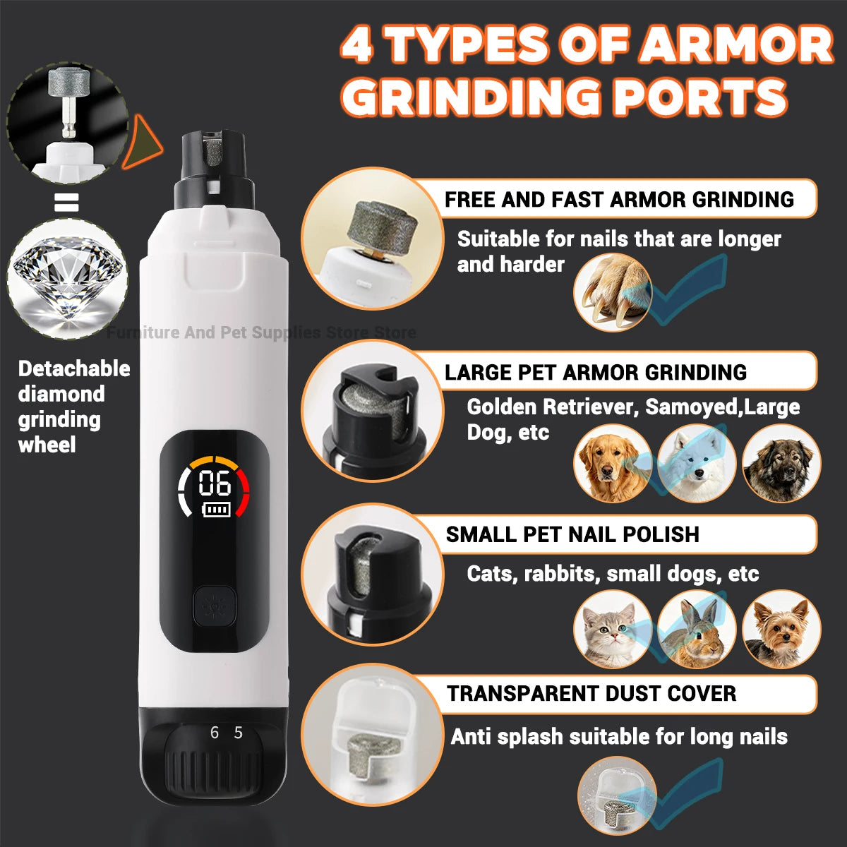 Pet Electric Nail Grinder Rechargeable Dog Paw Grooming Nail Clipper LED Light 6 Speeds Adjustable Cat Claw Nail Grinder