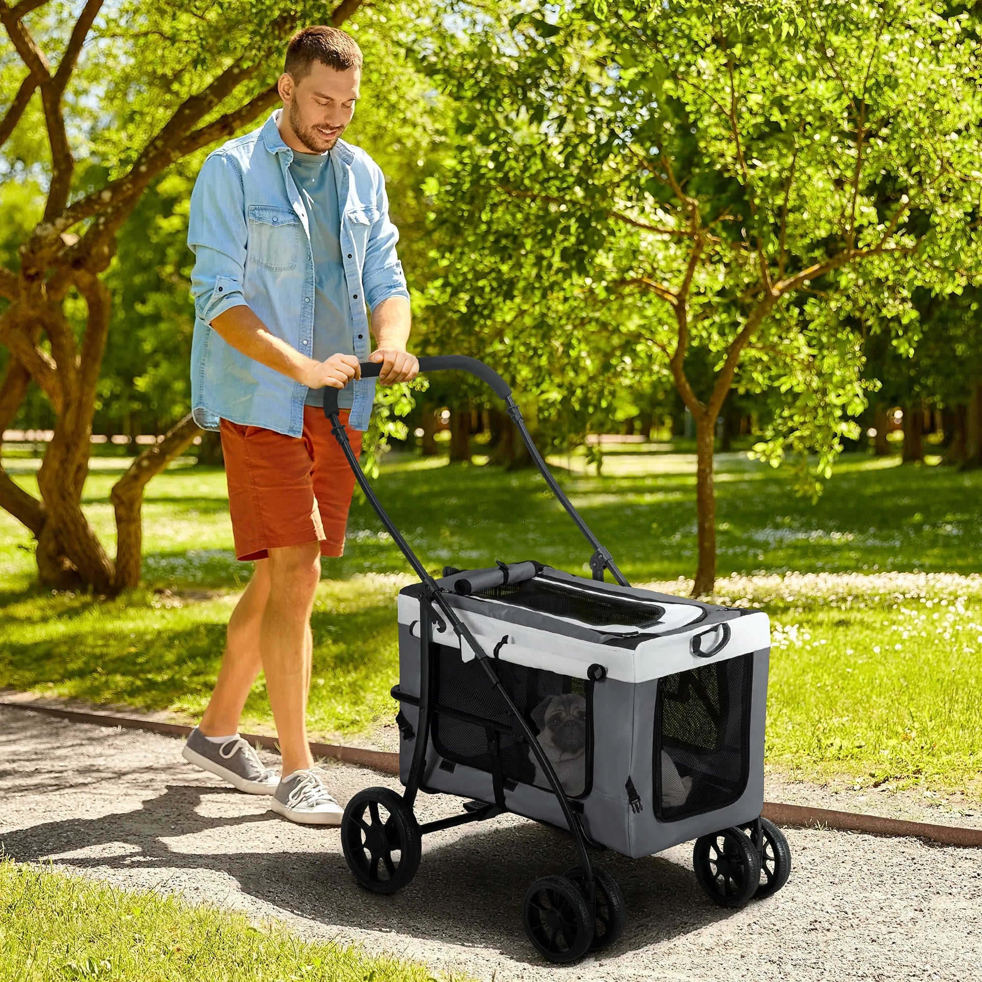 PawHut foldable stroller animals dog cat 2 1, removable nacelle 4 wheels with fabric brake 600D Oxford 81x58x