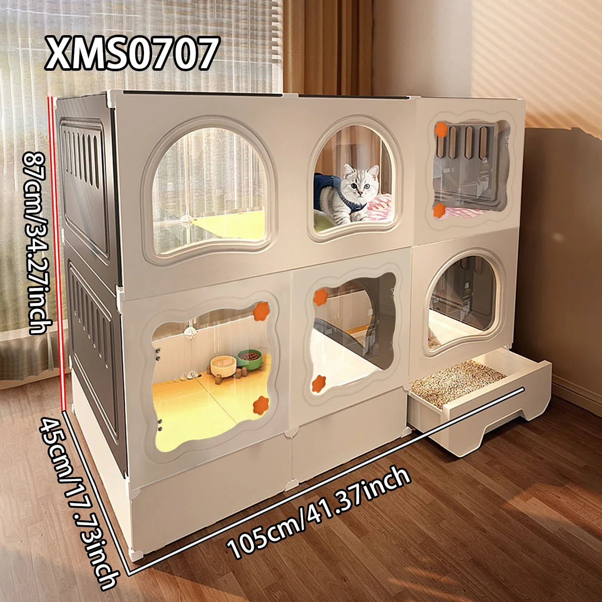 Cat Cage with Litter Box, Indoor Household Kitten Villa House, Rabbit Cage, Puppy Cage, Empty Cage with Integrated Toilet, Cat Cabinet